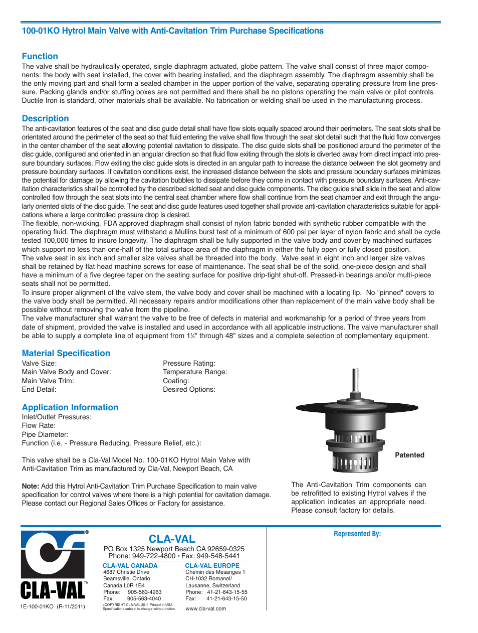 Cla-val, Description, Material specification | Application information | Cla-Val 50-01KO/650-01KO User Manual | Page 10 / 32