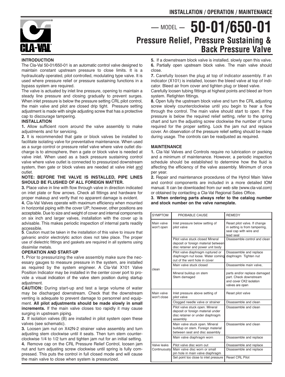 Installation / operation / maintenance, Model | Cla-Val 50-01KO/650-01KO User Manual | Page 2 / 32