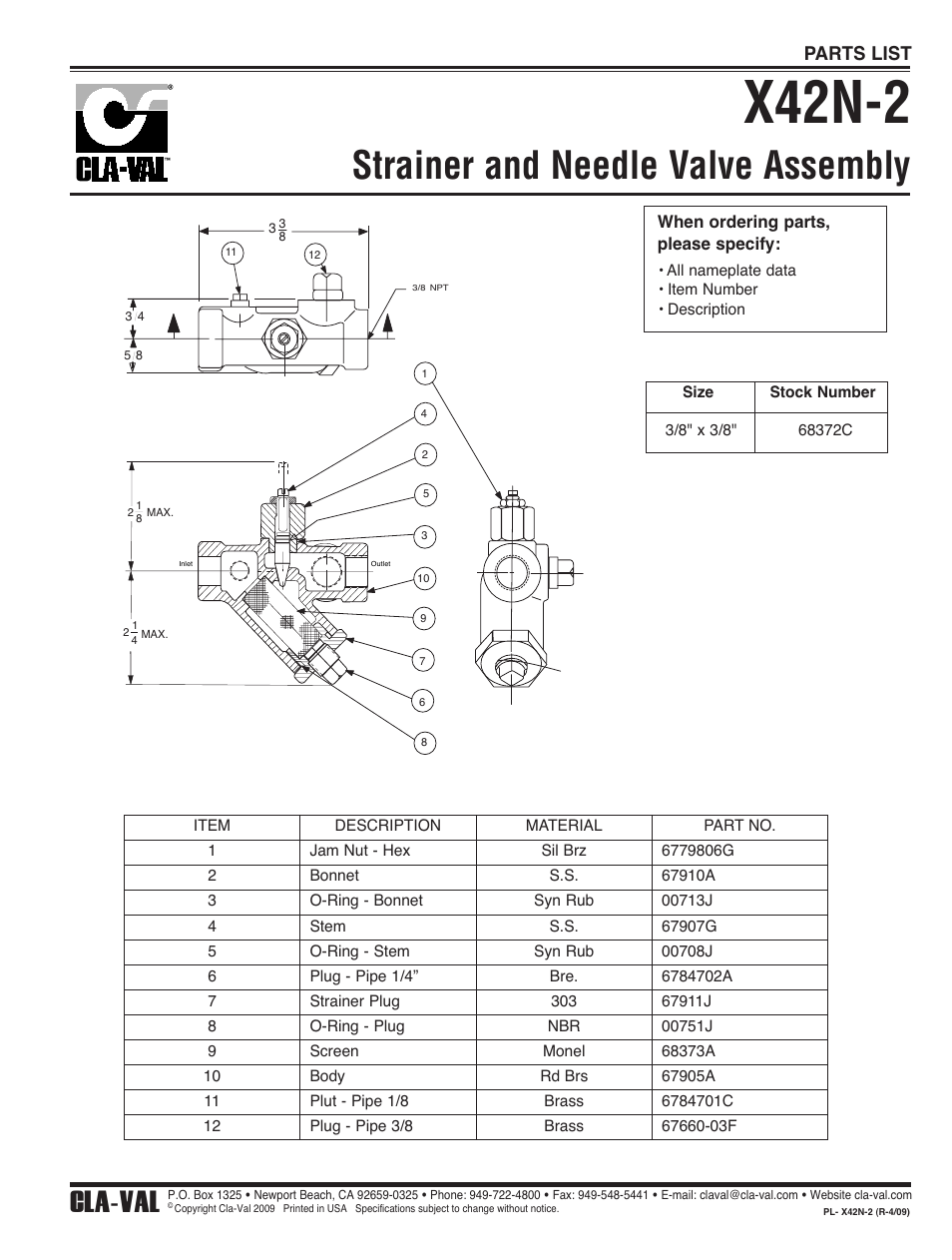 X42n-2, Strainer and needle valve assembly, Cla-val | Parts list | Cla-Val 50-01KO/650-01KO User Manual | Page 21 / 32