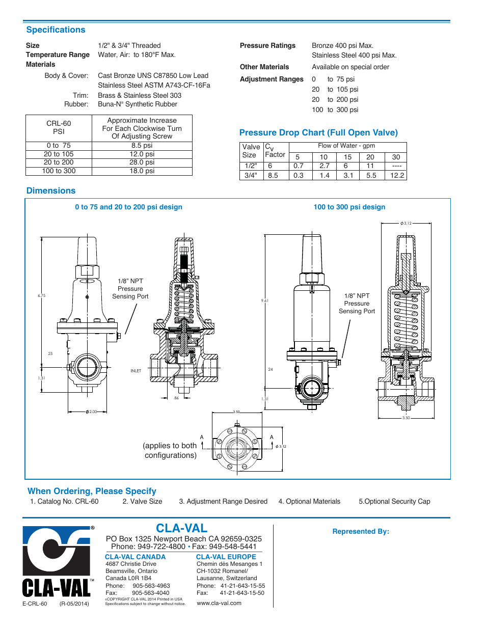 Cla-val, When ordering, please specify, Dimensions | Cla-Val CRL-60 Series User Manual | Page 2 / 2