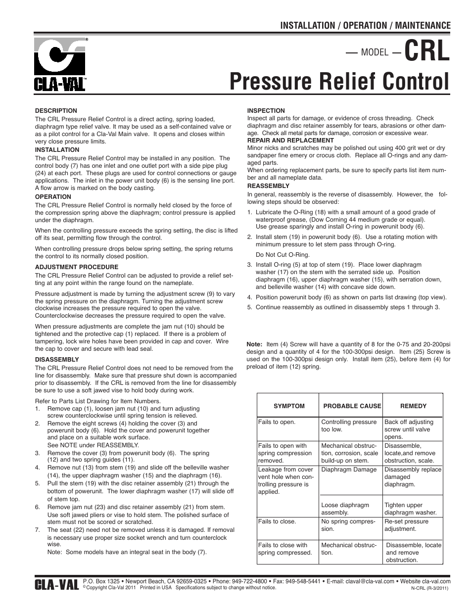 Cla-Val CRL User Manual | 2 pages