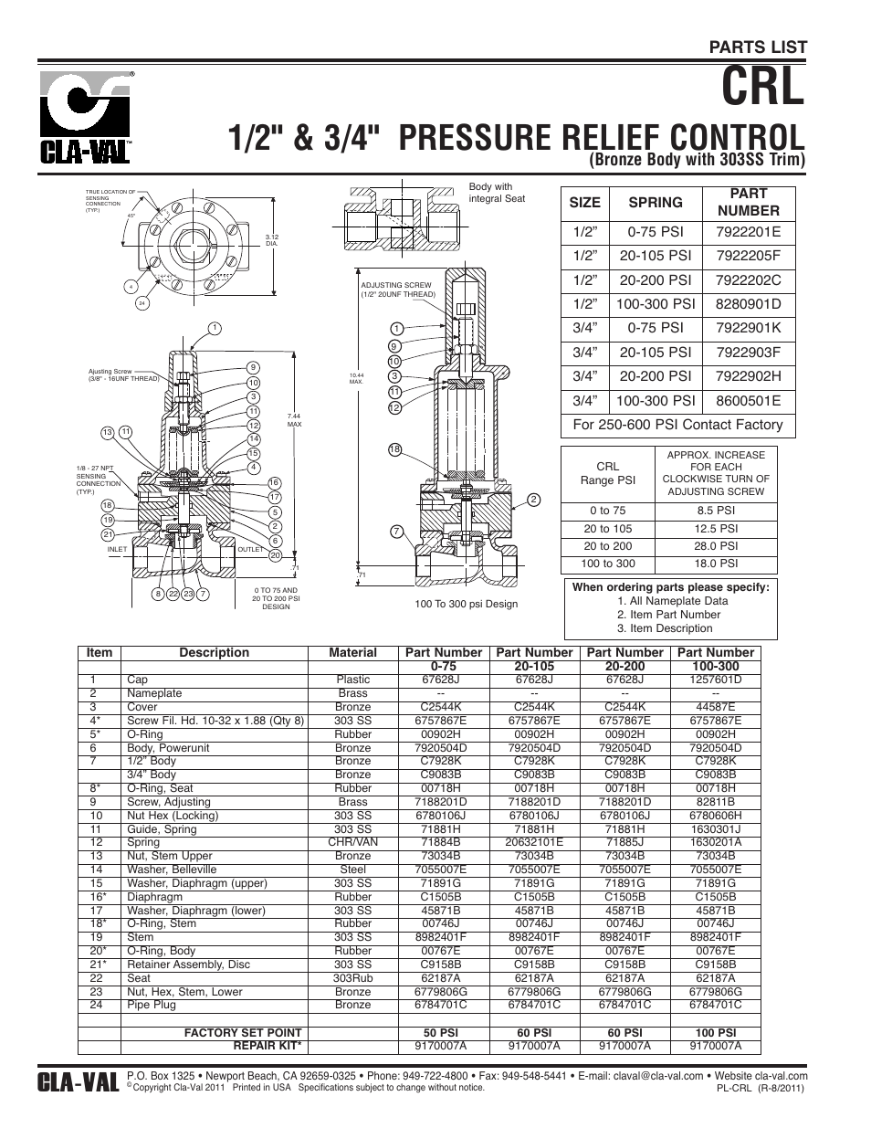 1/2" & 3/4" pressure relief control, Cla-val, Bronze body with 303ss trim) | Parts list | Cla-Val CRL User Manual | Page 2 / 2