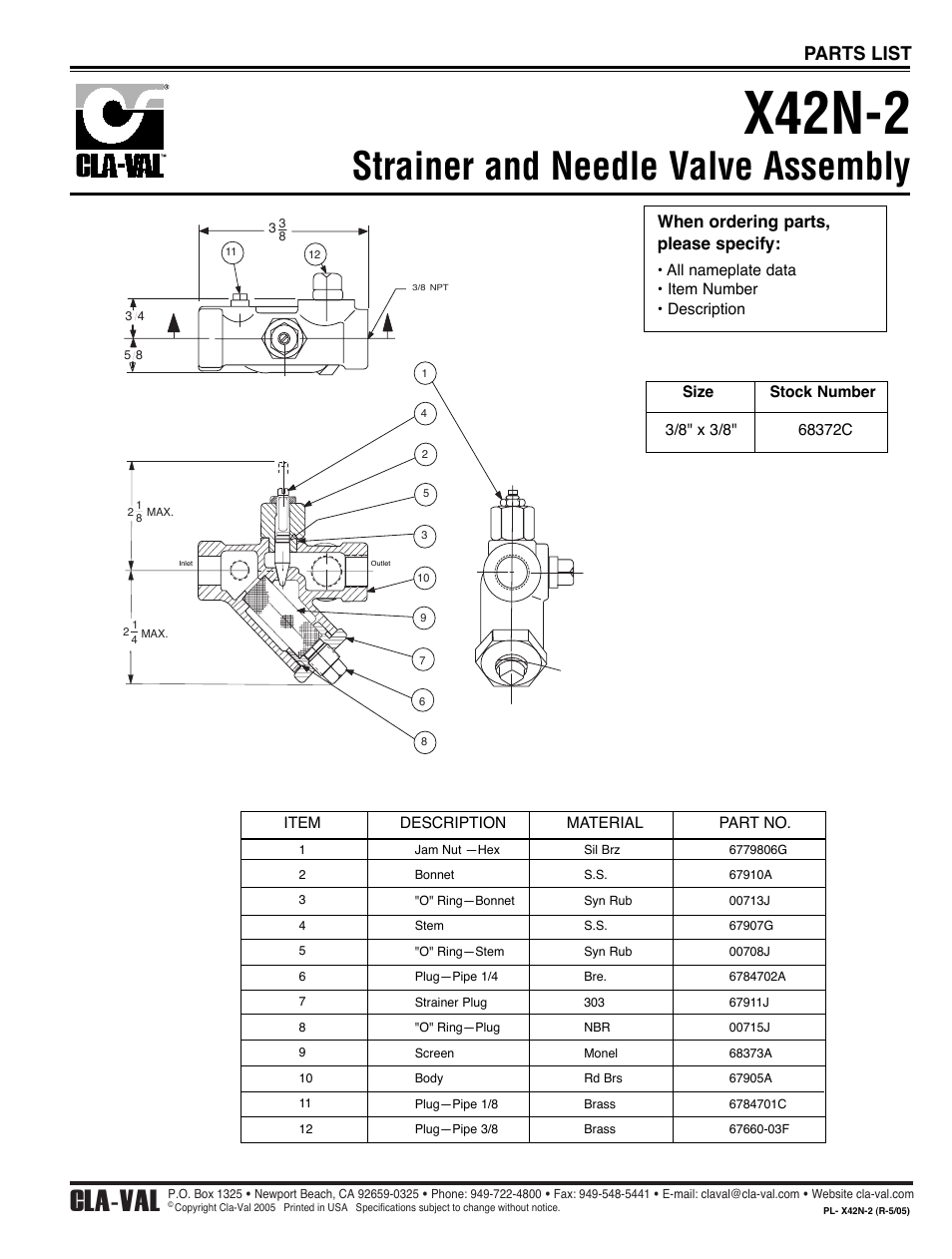 X42n-2, Strainer and needle valve assembly, Cla-val | Parts list, When ordering parts, please specify | Cla-Val 52-01/652-01 User Manual | Page 12 / 22
