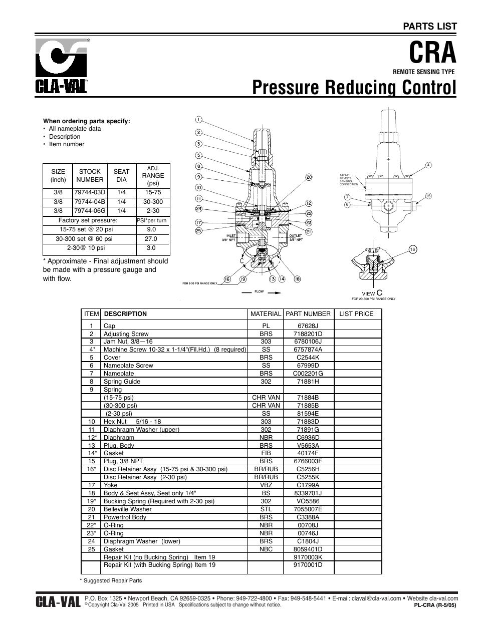 Pressure reducing control, Cla-val, Parts list | Cla-Val 52-01/652-01 User Manual | Page 14 / 22