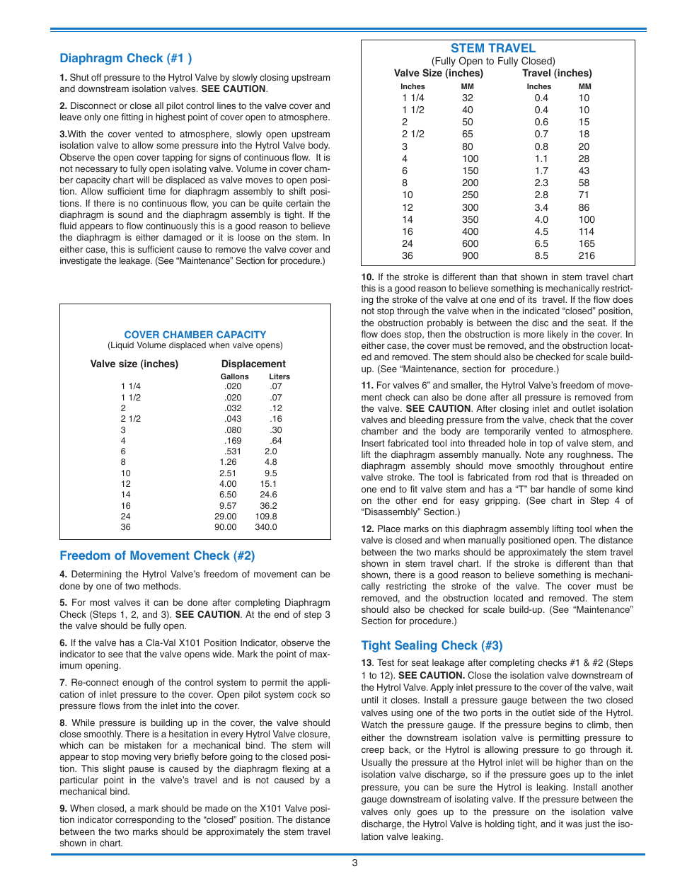 Diaphragm check (#1 ), Freedom of movement check (#2), Tight sealing check (#3) | Stem travel | Cla-Val 52-03/652-03 User Manual | Page 10 / 36