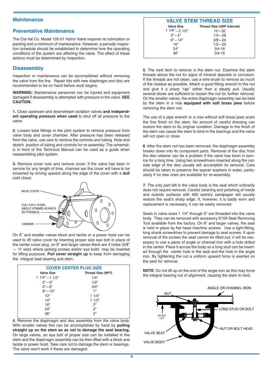 Maintenance preventative maintenance, Disassembly, Valve stem thread size | Cla-Val 52-03/652-03 User Manual | Page 11 / 36