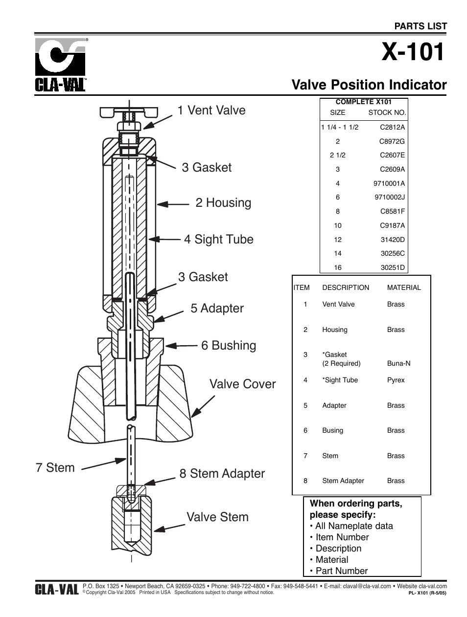 X-101, Valve position indicator, Cla-val | Cla-Val 52-03/652-03 User Manual | Page 21 / 36