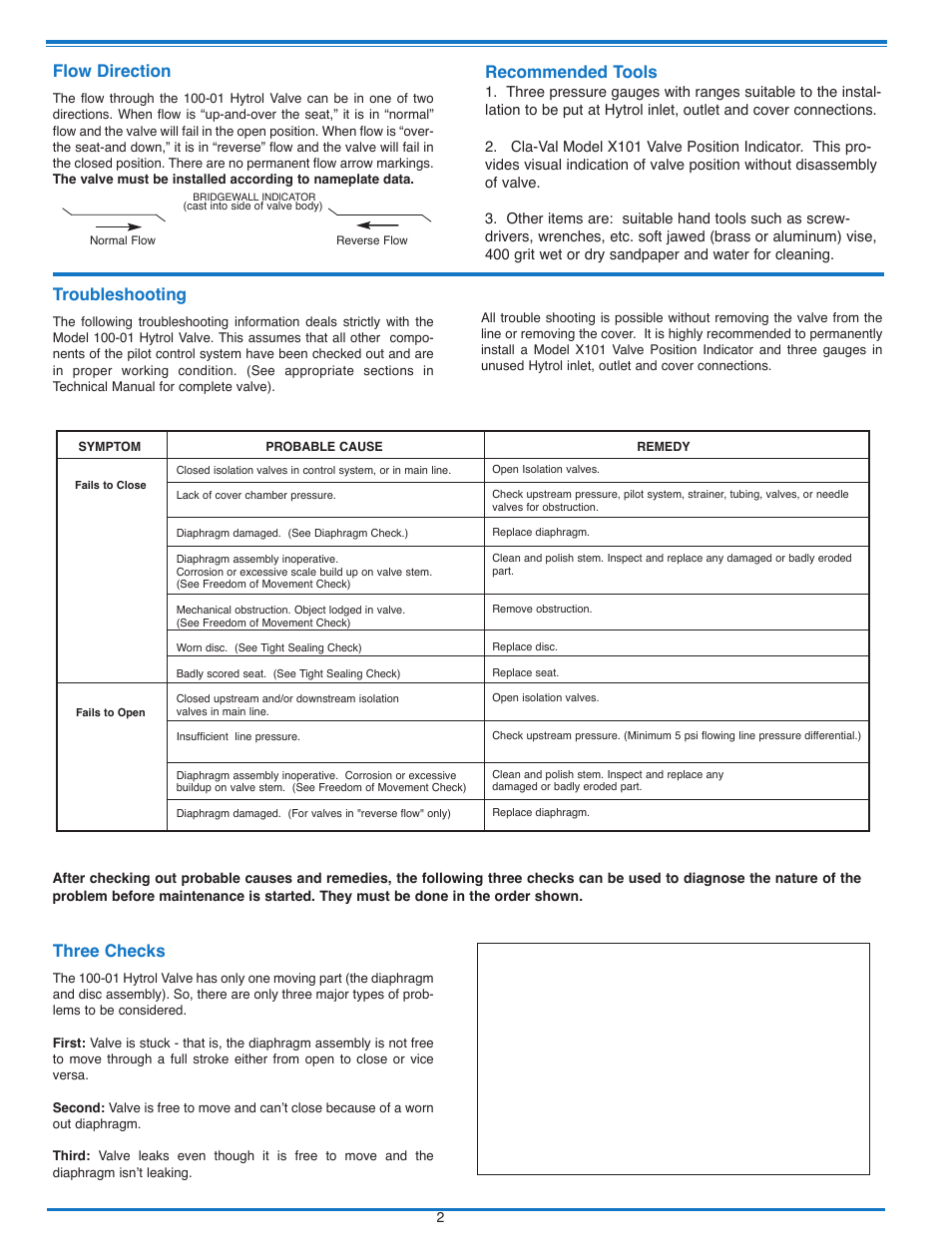 Flow direction, Troubleshooting, Three checks | Recommended tools | Cla-Val 52-03/652-03 User Manual | Page 9 / 36