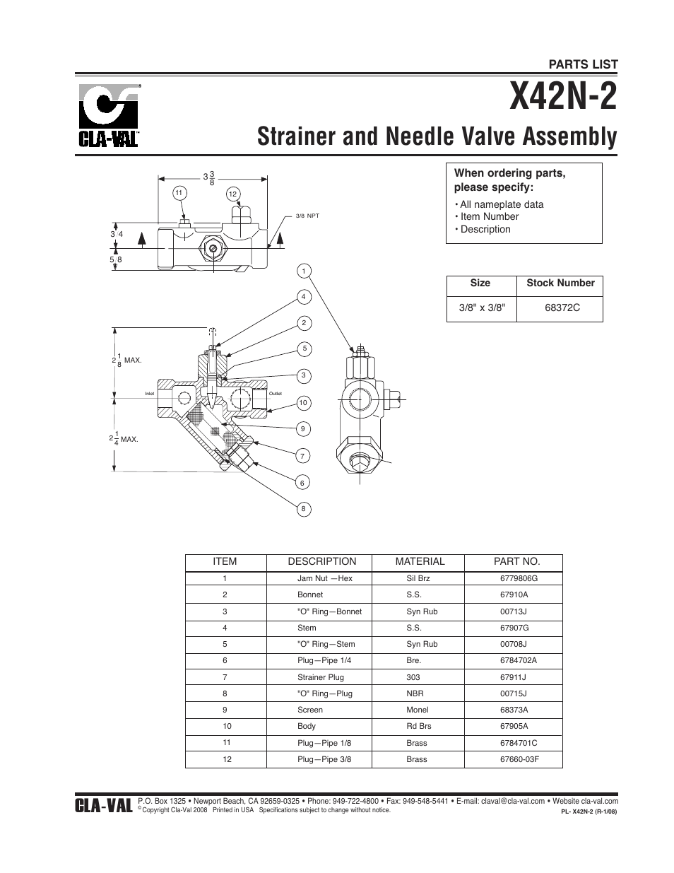 X42n-2, Strainer and needle valve assembly, Cla-val | Parts list | Cla-Val 250-01/605-01 User Manual | Page 19 / 29