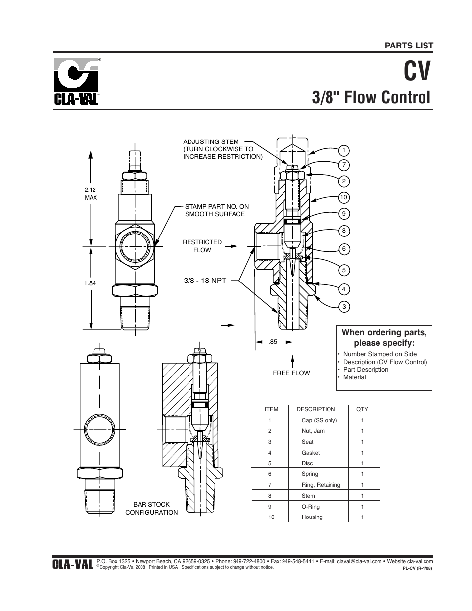 3/8" flow control, Cla-val, When ordering parts, please specify | Parts list | Cla-Val 250-01/605-01 User Manual | Page 25 / 29