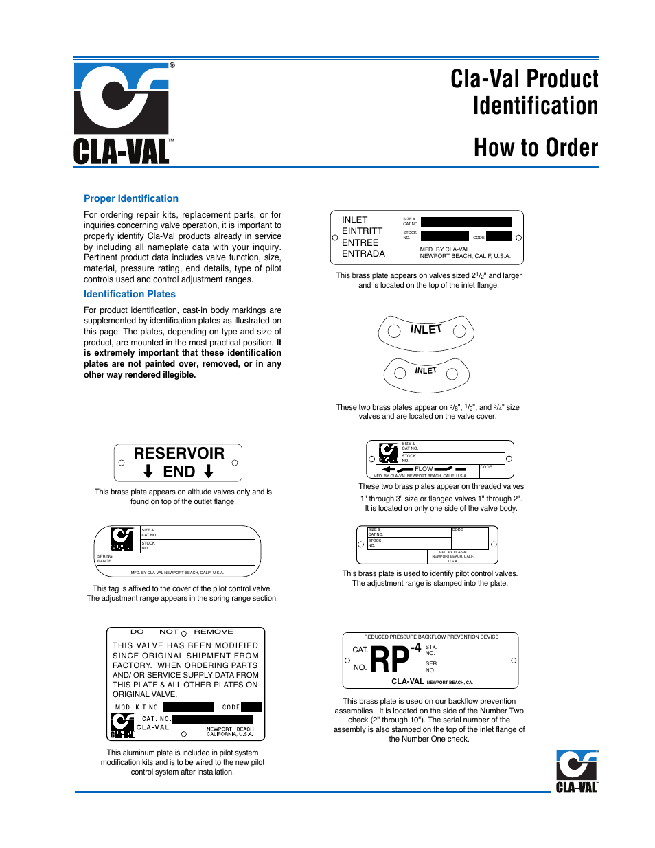 Cla-val product identification, How to order, Reservoir end | Inlet | Cla-Val 250-01/605-01 User Manual | Page 26 / 29
