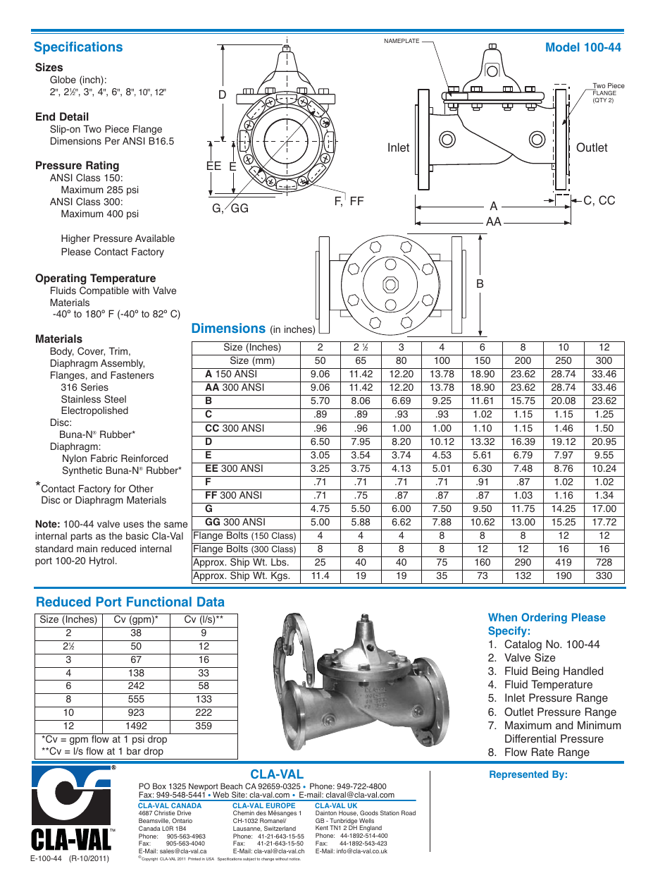 Specifications reduced port functional data, Dimensions, Cla-val | Cla-Val 550-01/6550-01 Technical Manual User Manual | Page 6 / 20