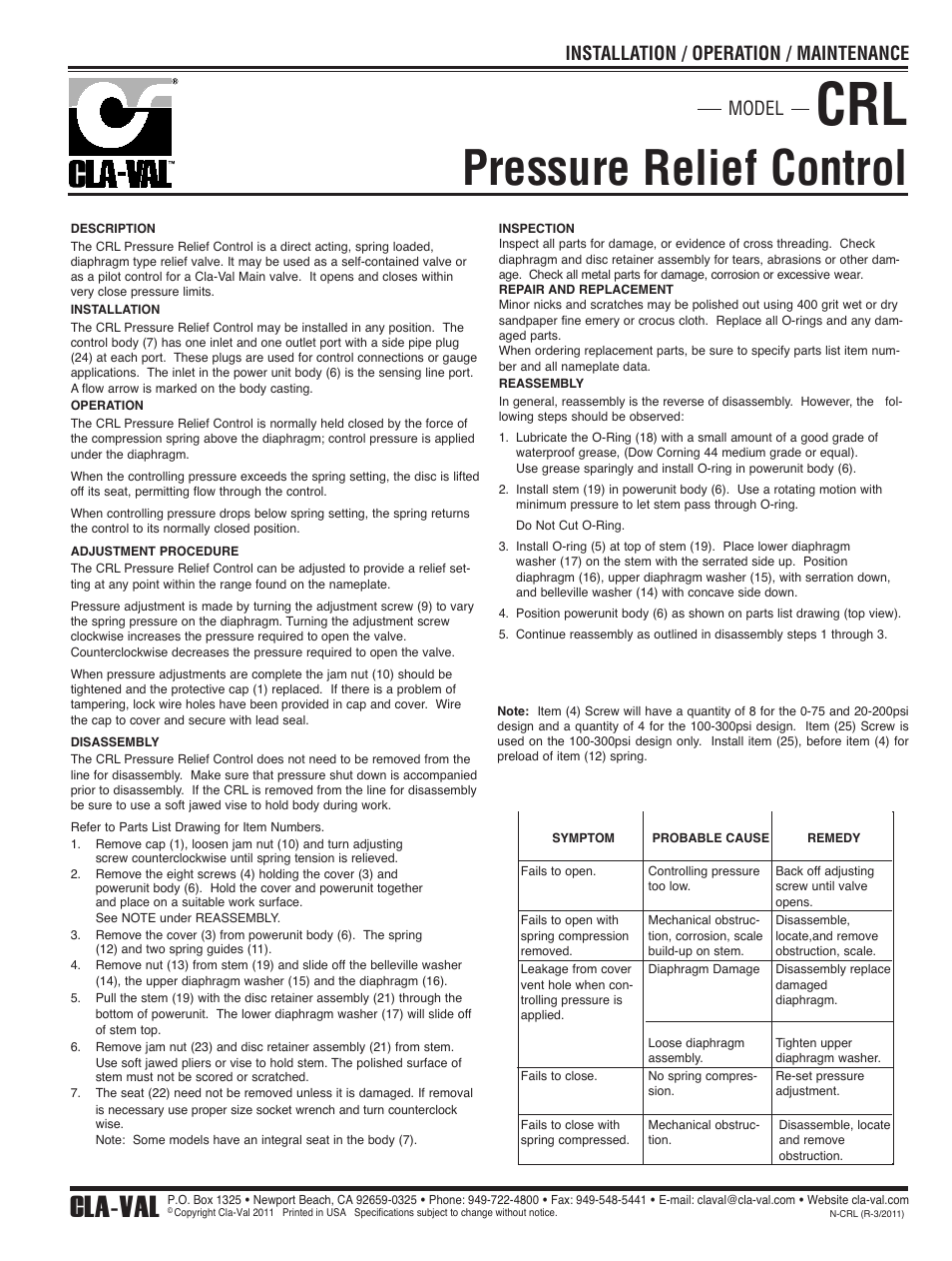 Pressure relief control, Cla-val, Model installation / operation / maintenance | Cla-Val 550-01/6550-01 Technical Manual User Manual | Page 8 / 20