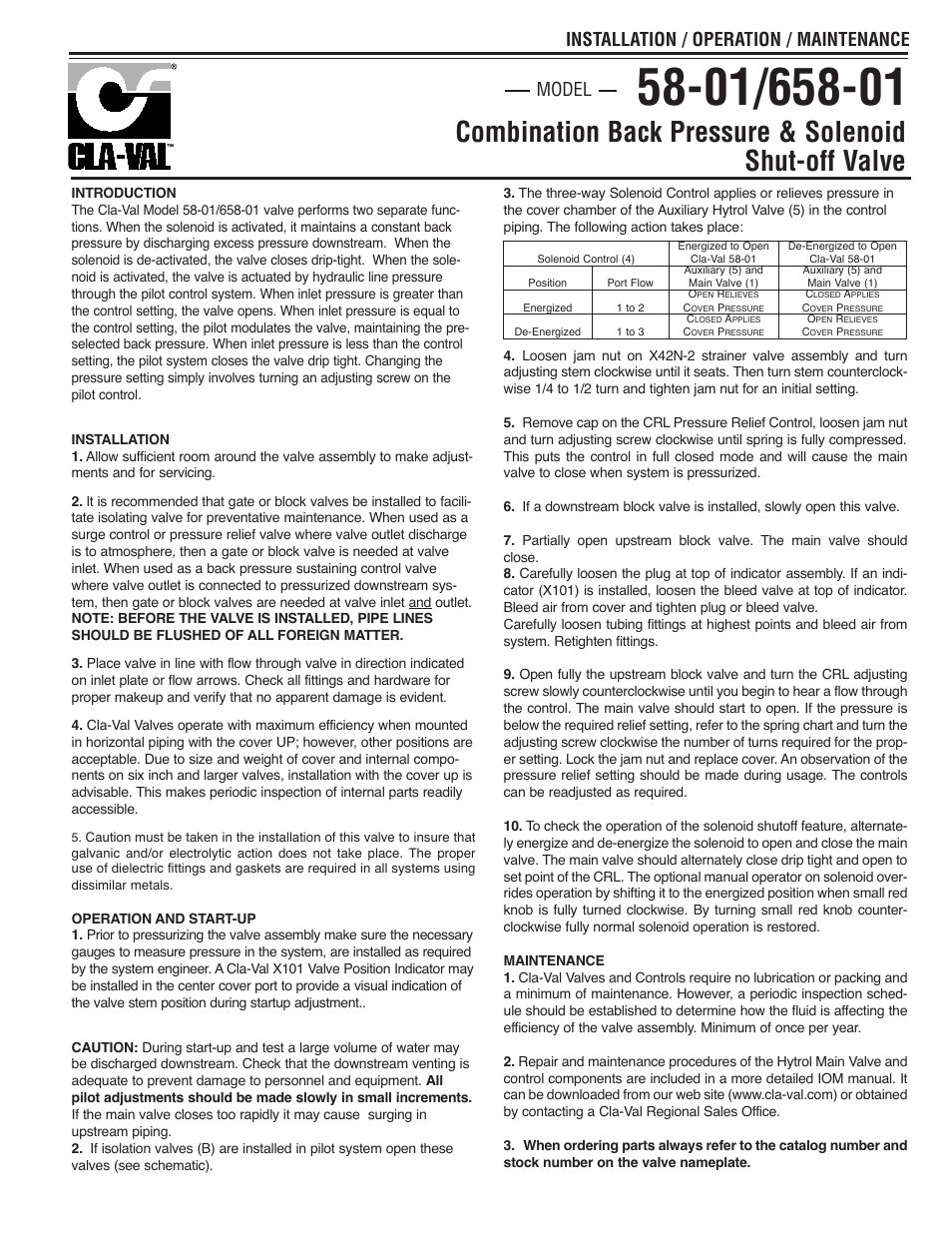 Cla-Val 58-01/658-01 Quick Manual User Manual | 2 pages