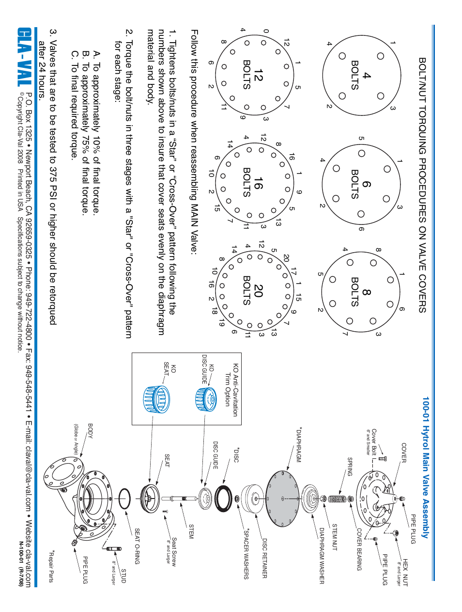 Cla - val, Bol t/nut t orquing procedures on v al ve covers, Bol ts | Cla-Val 58-01/658-01 Technical Manual User Manual | Page 16 / 40