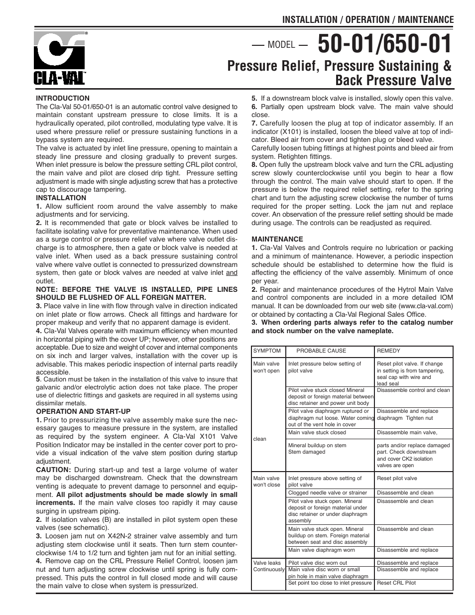 Cla-Val 50-01/650-01 Quick Manual User Manual | 2 pages