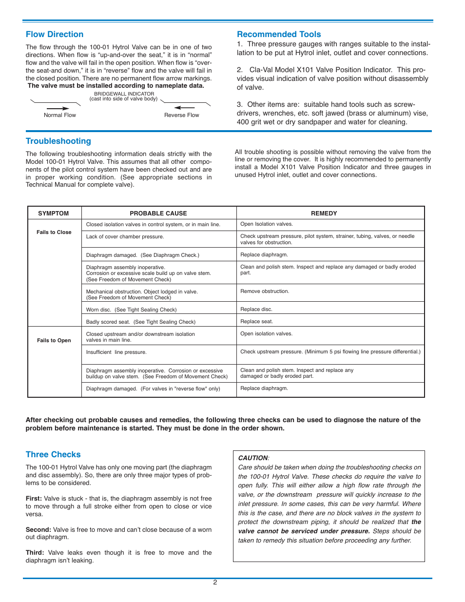 Flow direction, Troubleshooting, Three checks | Recommended tools | Cla-Val 100-01 Quick Manual User Manual | Page 2 / 8