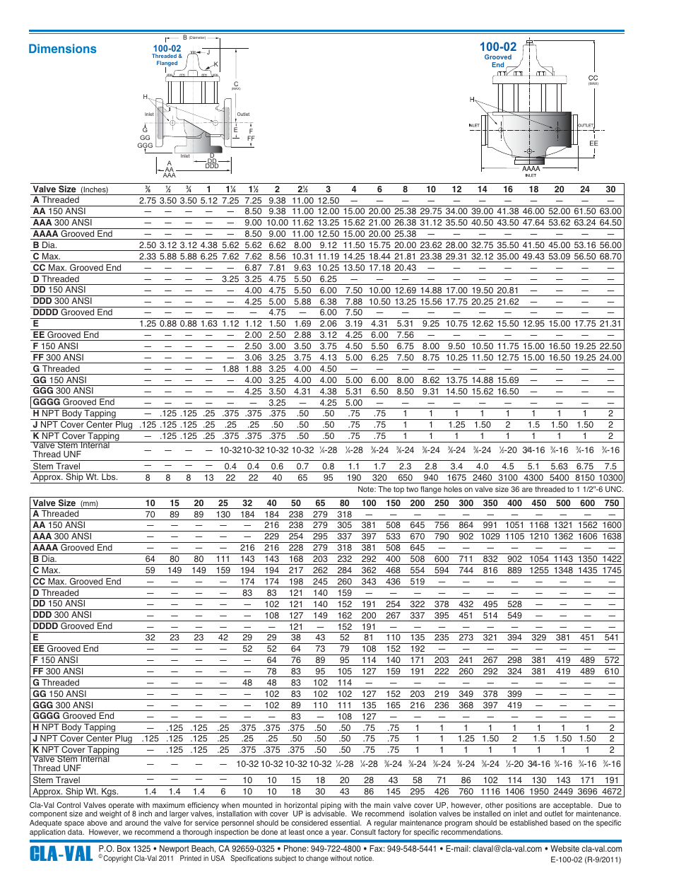 Cla-val, Dimensions | Cla-Val 100-02 Technical Manual User Manual | Page 5 / 16
