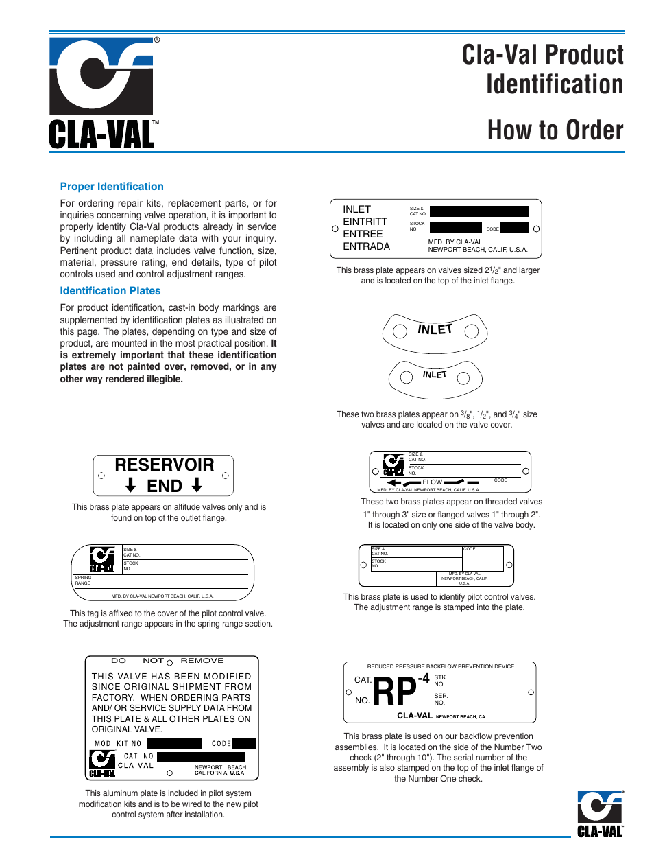 Cla-val product identification, How to order, Reservoir end | Inlet | Cla-Val 124-02/624-02 Technical Manual User Manual | Page 29 / 32