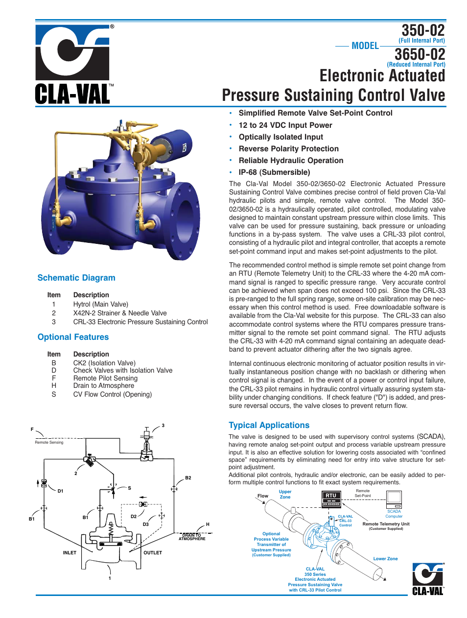 Model, Schematic diagram, Optional features | Typical applications | Cla-Val 350-02/3650-02 User Manual | Page 5 / 30