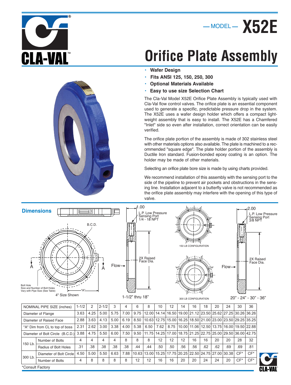 X52e, Orifice plate assembly, Model | Dimensions | Cla-Val 340-02/3640-02 User Manual | Page 23 / 36