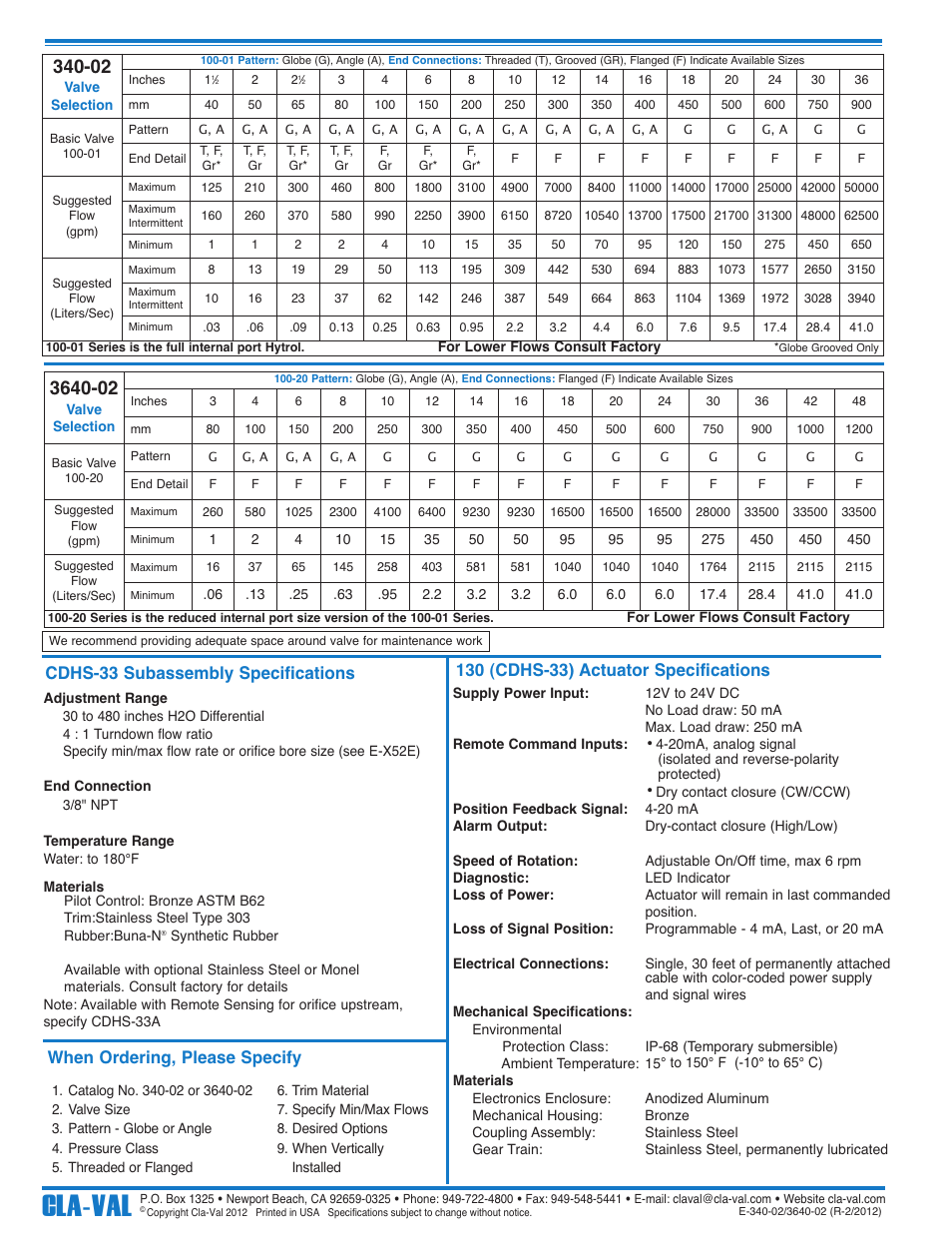 Cla-val, When ordering, please specify | Cla-Val 340-02/3640-02 User Manual | Page 8 / 36