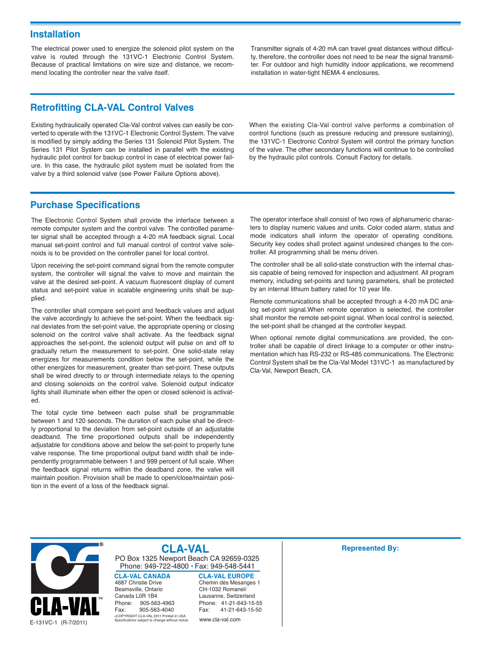 Cla-val, Purchase specifications, Installation retrofitting cla-val control valves | Cla-Val 131-01/631-01 User Manual | Page 39 / 44