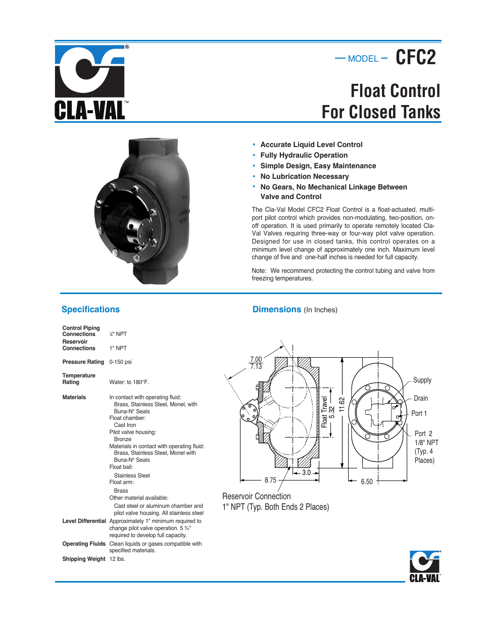 Cfc2, Float control for closed tanks, Specifications | Dimensions, Model | Cla-Val CFC2 User Manual | Page 2 / 5