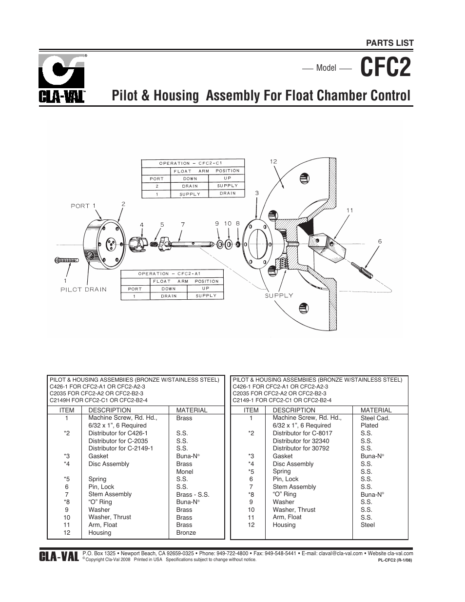 Cfc2, Pilot & housing assembly for float chamber control, Cla-val | Parts list, Model | Cla-Val CFC2 User Manual | Page 5 / 5