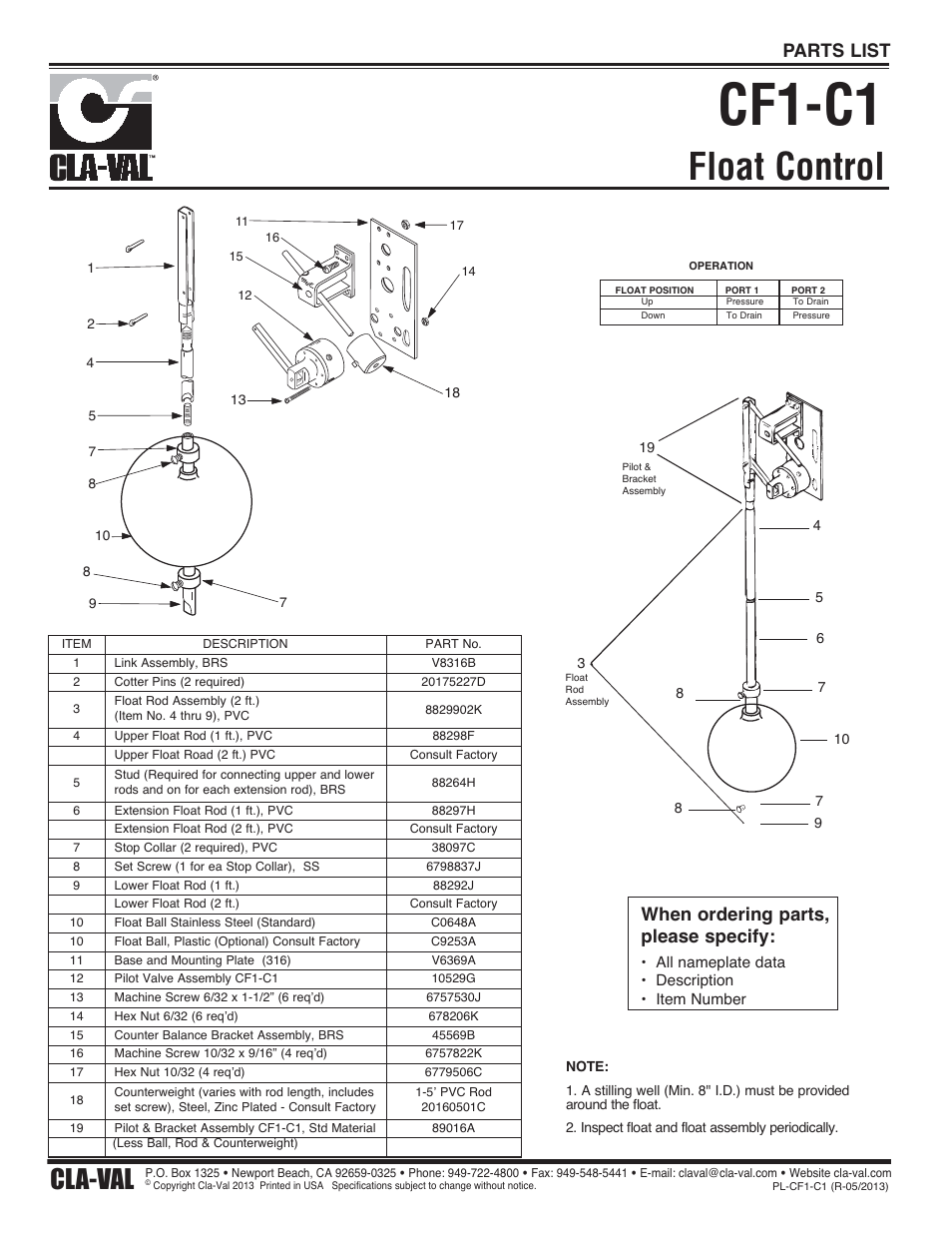 Cf1-c1, Float control, Cla-val | Parts list, When ordering parts, please specify | Cla-Val CF1-C1 User Manual | Page 2 / 2