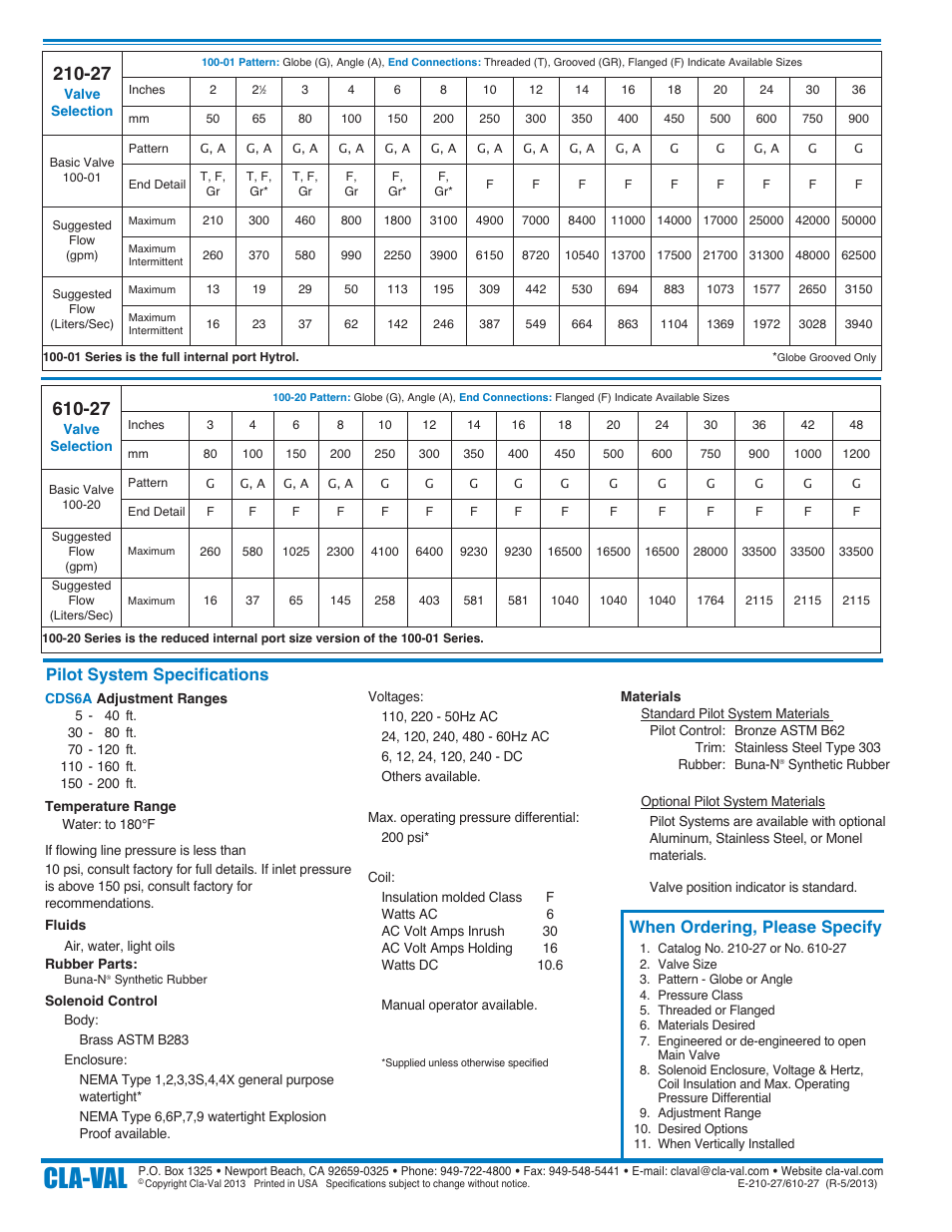 Cla-val, Pilot system specifications, When ordering, please specify | Cla-Val 210-27/610-27 User Manual | Page 4 / 4