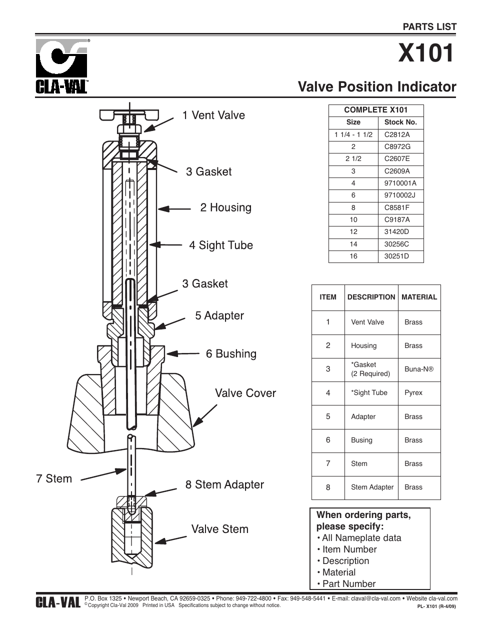 X101, Valve position indicator, Cla-val | Parts list | Cla-Val 210-16/610-16 User Manual | Page 25 / 44