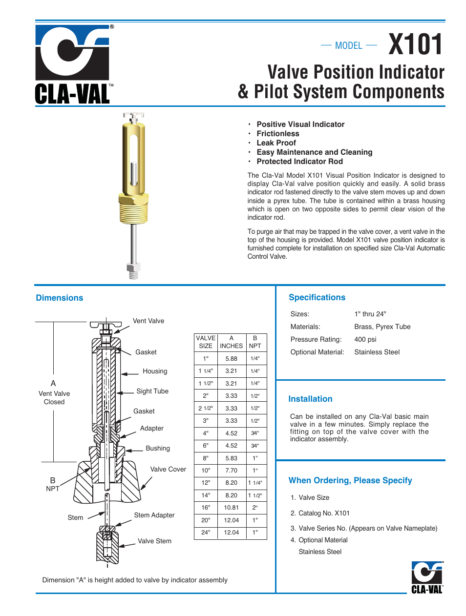 X101, Valve position indicator & pilot system components, Model | Cla-Val 210-09/610-09 User Manual | Page 22 / 38