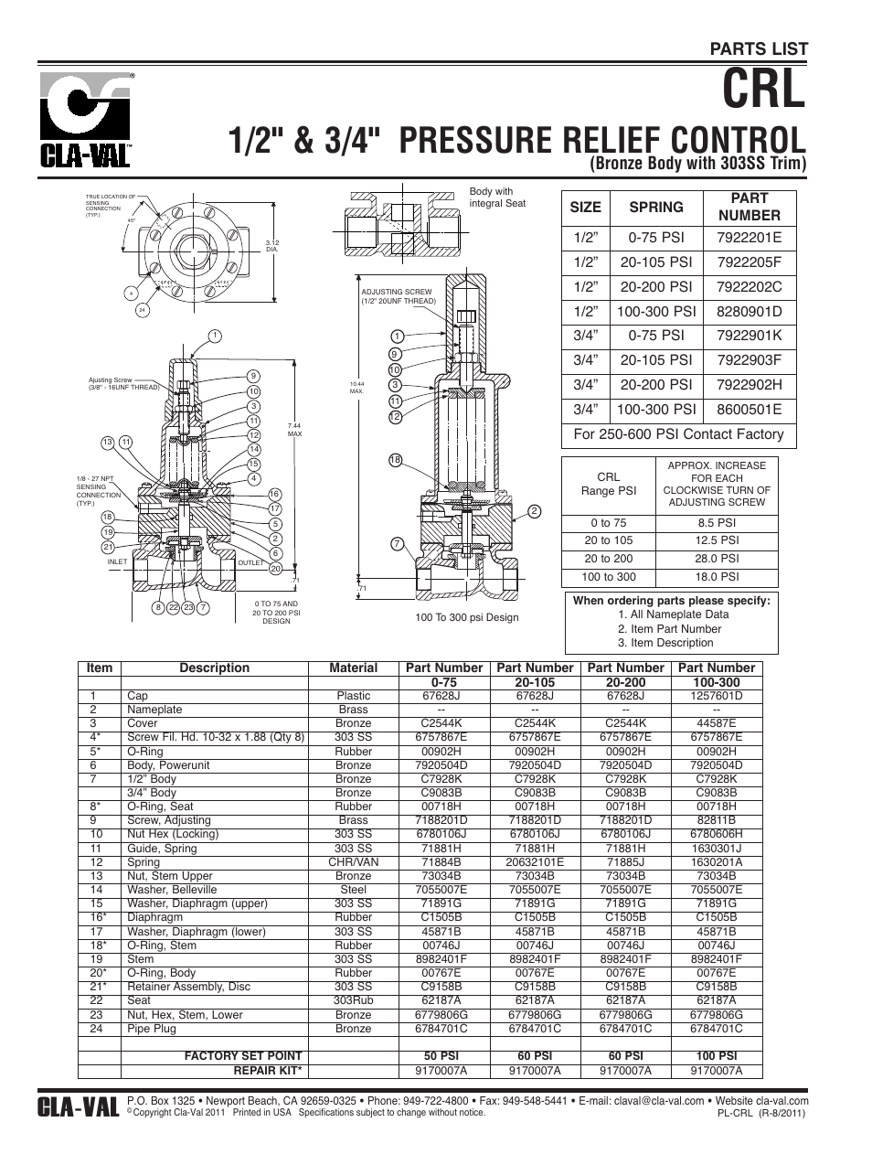 1/2" & 3/4" pressure relief control, Cla-val, Bronze body with 303ss trim) | Parts list | Cla-Val 210-09/610-09 User Manual | Page 26 / 38