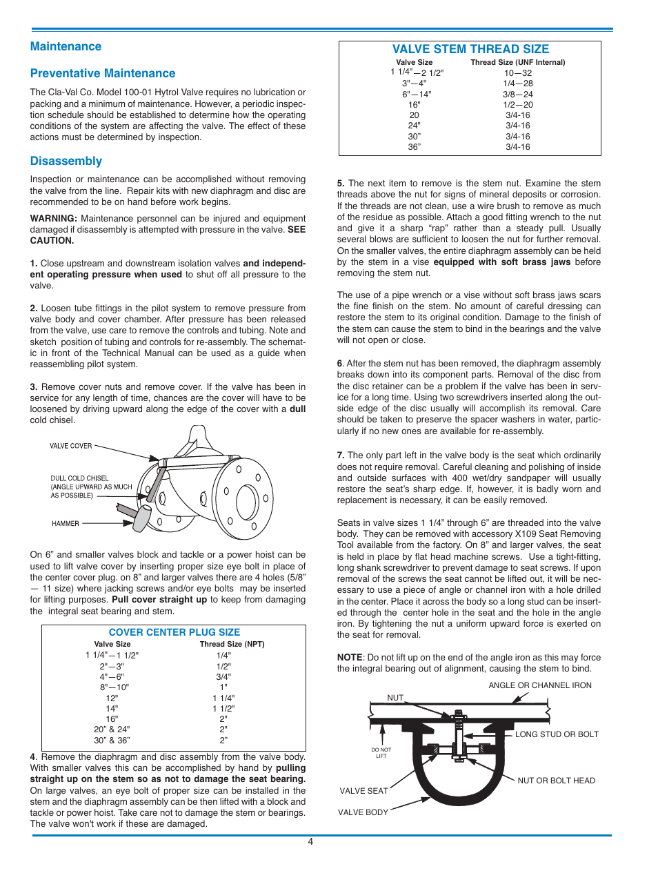 Maintenance preventative maintenance, Disassembly, Valve stem thread size | Cla-Val 210-03/610-03 User Manual | Page 12 / 48