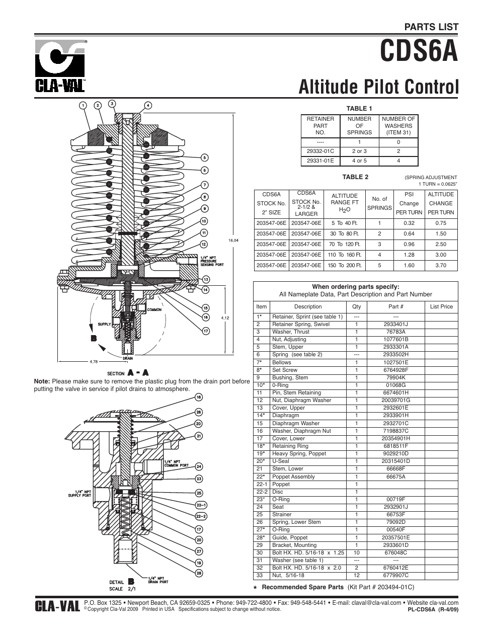 Cds6a, Altitude pilot control, Cla-val | Parts list | Cla-Val 210-03/610-03 User Manual | Page 21 / 48