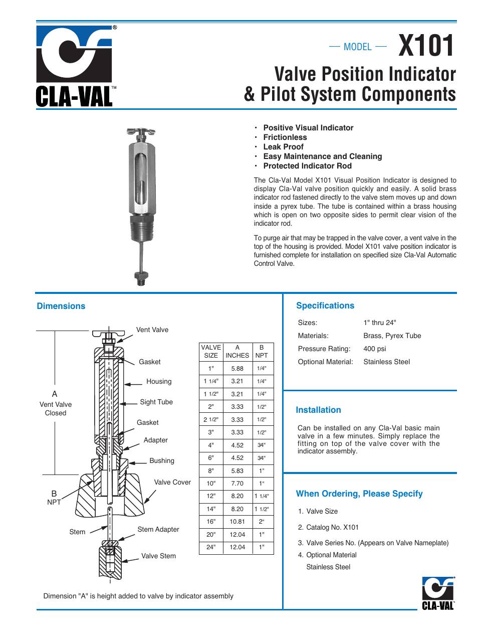 X101, Valve position indicator & pilot system components, Model | Cla-Val 210-03/610-03 User Manual | Page 25 / 48