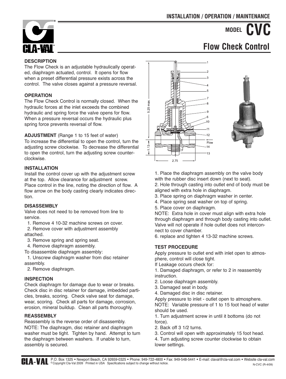 Flow check control, Cla-val | Cla-Val 210-03/610-03 User Manual | Page 33 / 48