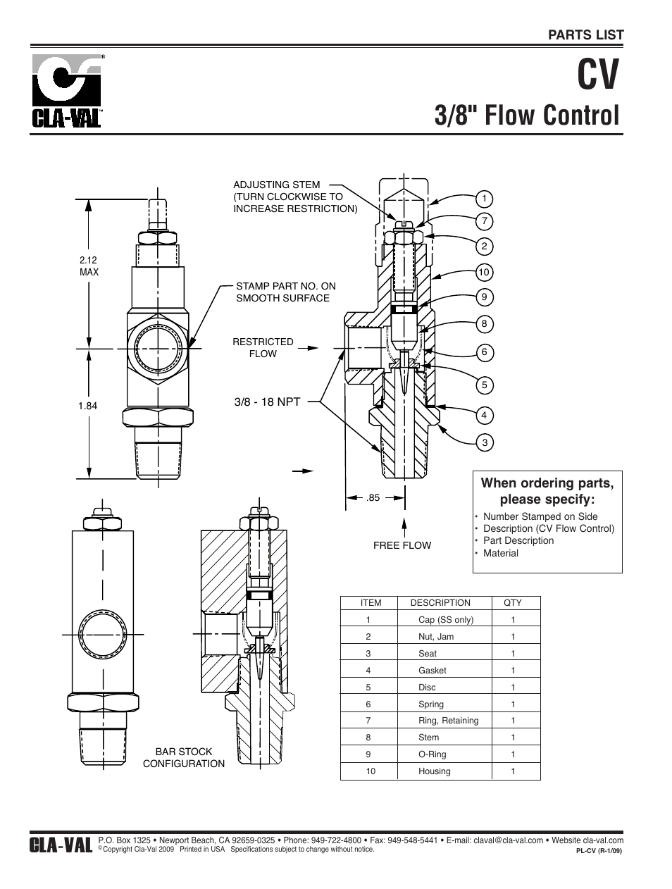 3/8" flow control, Cla-val, When ordering parts, please specify | Parts list | Cla-Val 210-03/610-03 User Manual | Page 36 / 48