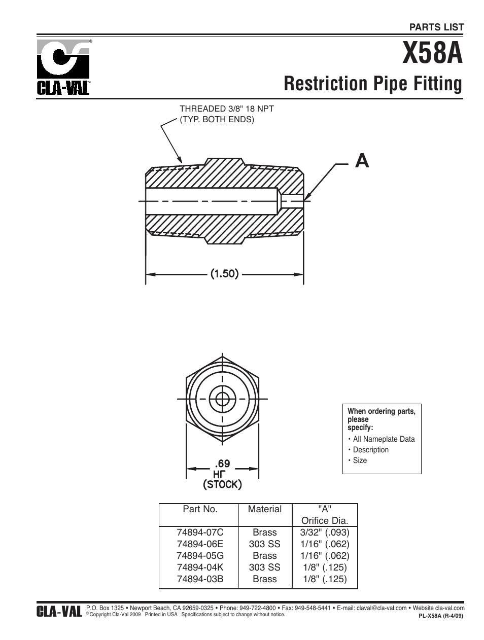 X58a, Restriction pipe fitting, Cla-val | Cla-Val 210-02/610-02 User Manual | Page 31 / 48