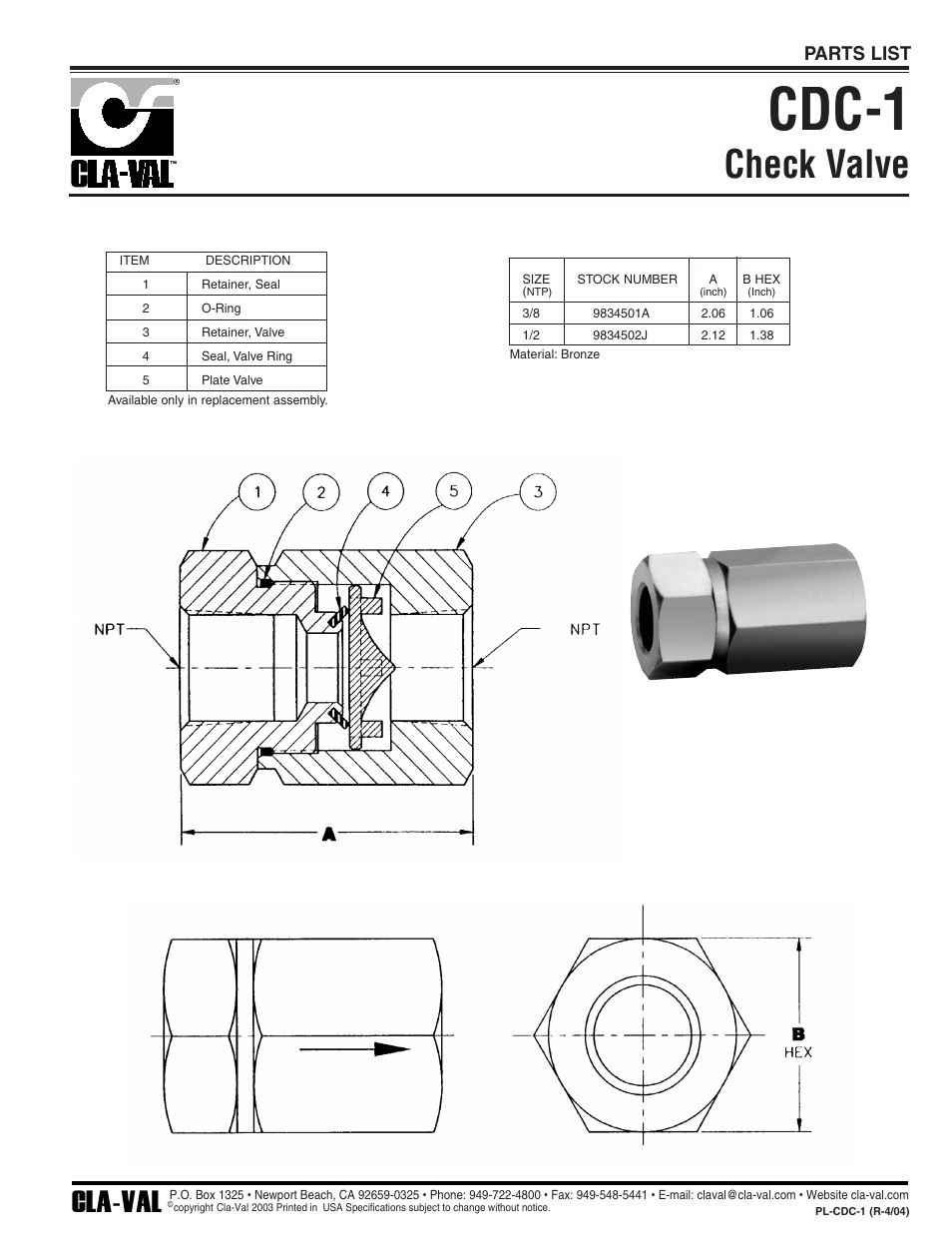 Cdc-1, Check valve, Cla-val | Parts list | Cla-Val 129-01/629-01 User Manual | Page 23 / 28