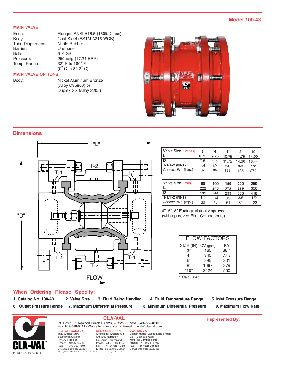 T-2 "l" t-1, T-2 t-1 t-1 "d" flow, Flow factors | Cla-val, When ordering please specify | Cla-Val 100-43 800 Series User Manual | Page 2 / 2