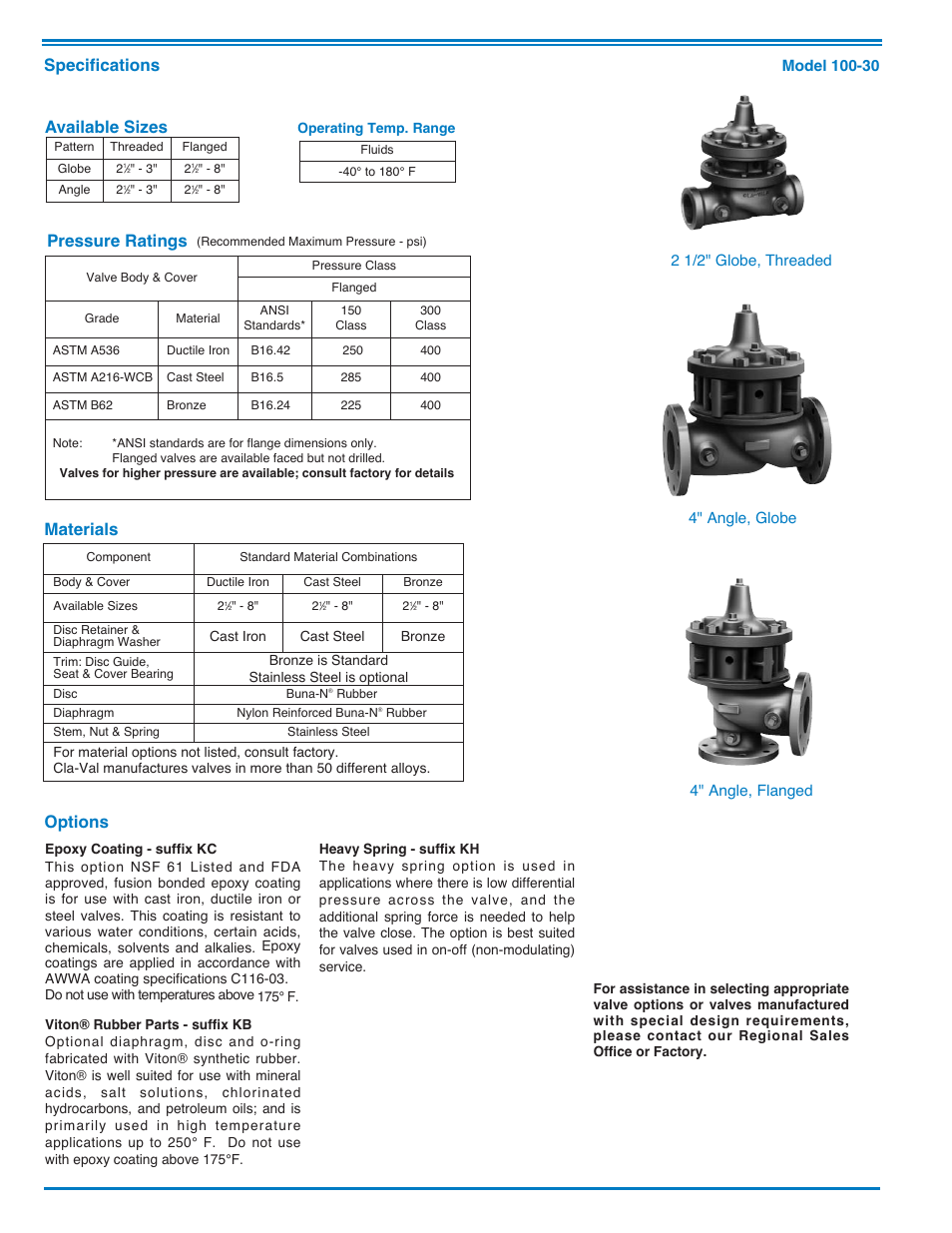 Options, Specifications, Materials available sizes | Pressure ratings | Cla-Val 100-30 User Manual | Page 2 / 4