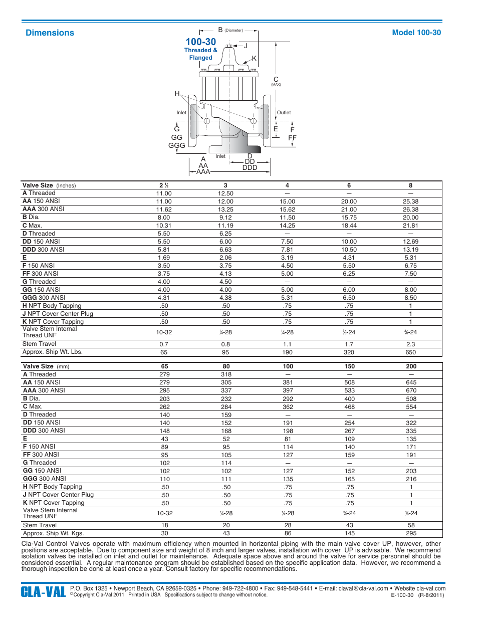 Cla-val, Dimensions | Cla-Val 100-30 User Manual | Page 4 / 4