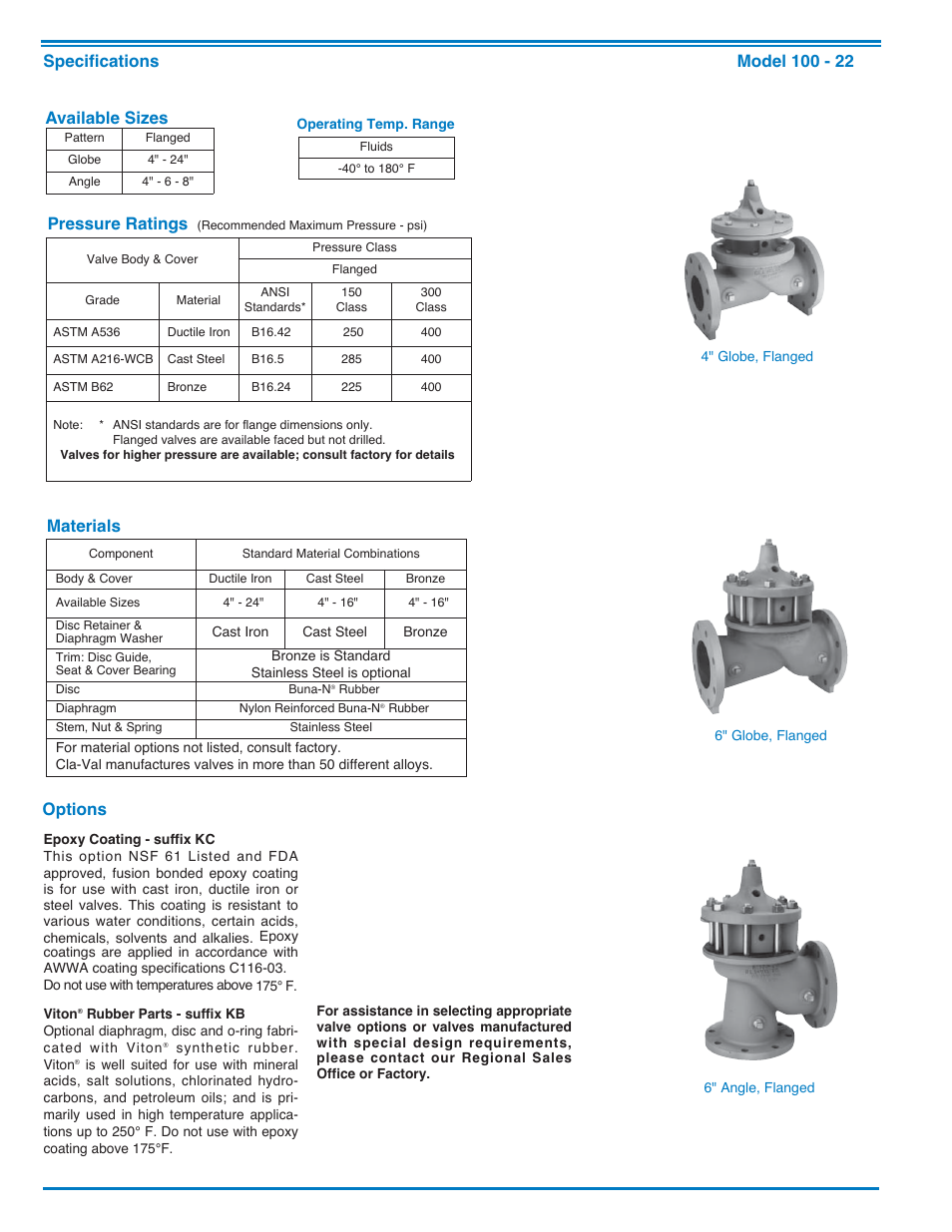 Available sizes, Materials pressure ratings | Cla-Val 100-22 600 Series User Manual | Page 2 / 4