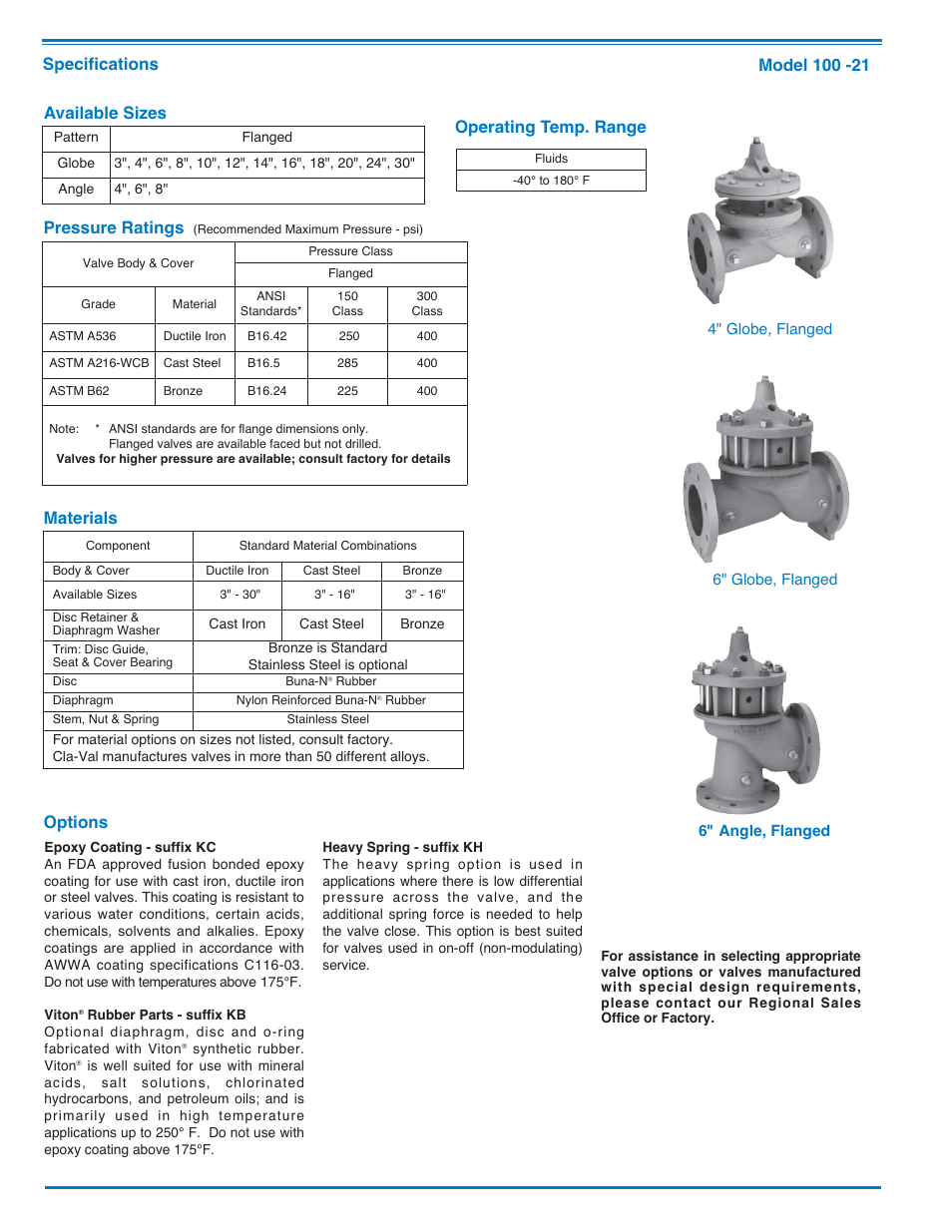 Specifications, Options, Materials available sizes | Pressure ratings | Cla-Val 100-21 600 Series User Manual | Page 2 / 4