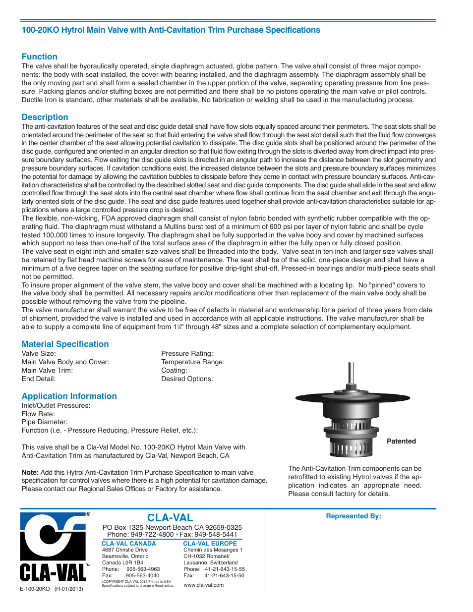 Cla-val, Description, Material specification | Application information | Cla-Val 100-20KO User Manual | Page 4 / 4