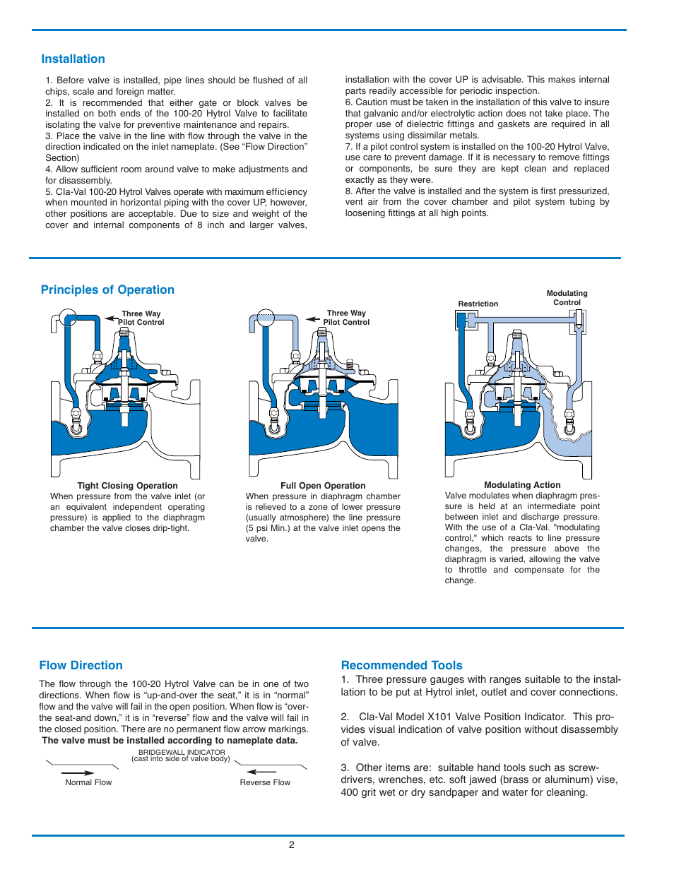 N-100-20 8 pgs new_4, Installation, Principles of operation | Flow direction, Recommended tools | Cla-Val 100-20 600 Series User Manual | Page 2 / 8