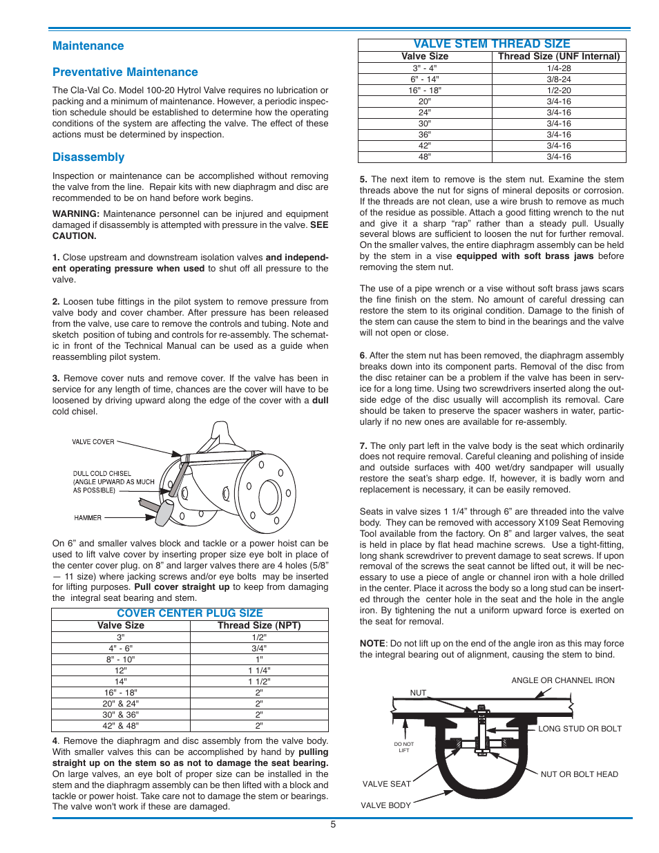 N-100-20 8 pgs new_9, Maintenance preventative maintenance, Disassembly | Valve stem thread size | Cla-Val 100-20 600 Series User Manual | Page 5 / 8