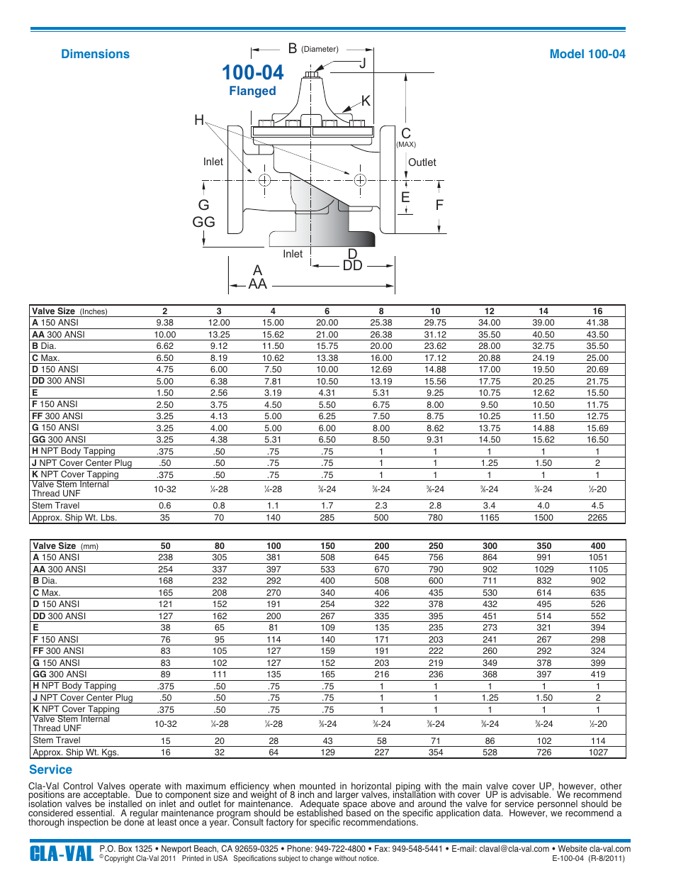 Cla-val, Ggg d, Dd f | Ae c, Kj h, Aa b, Flanged | Cla-Val 100-04 User Manual | Page 5 / 9